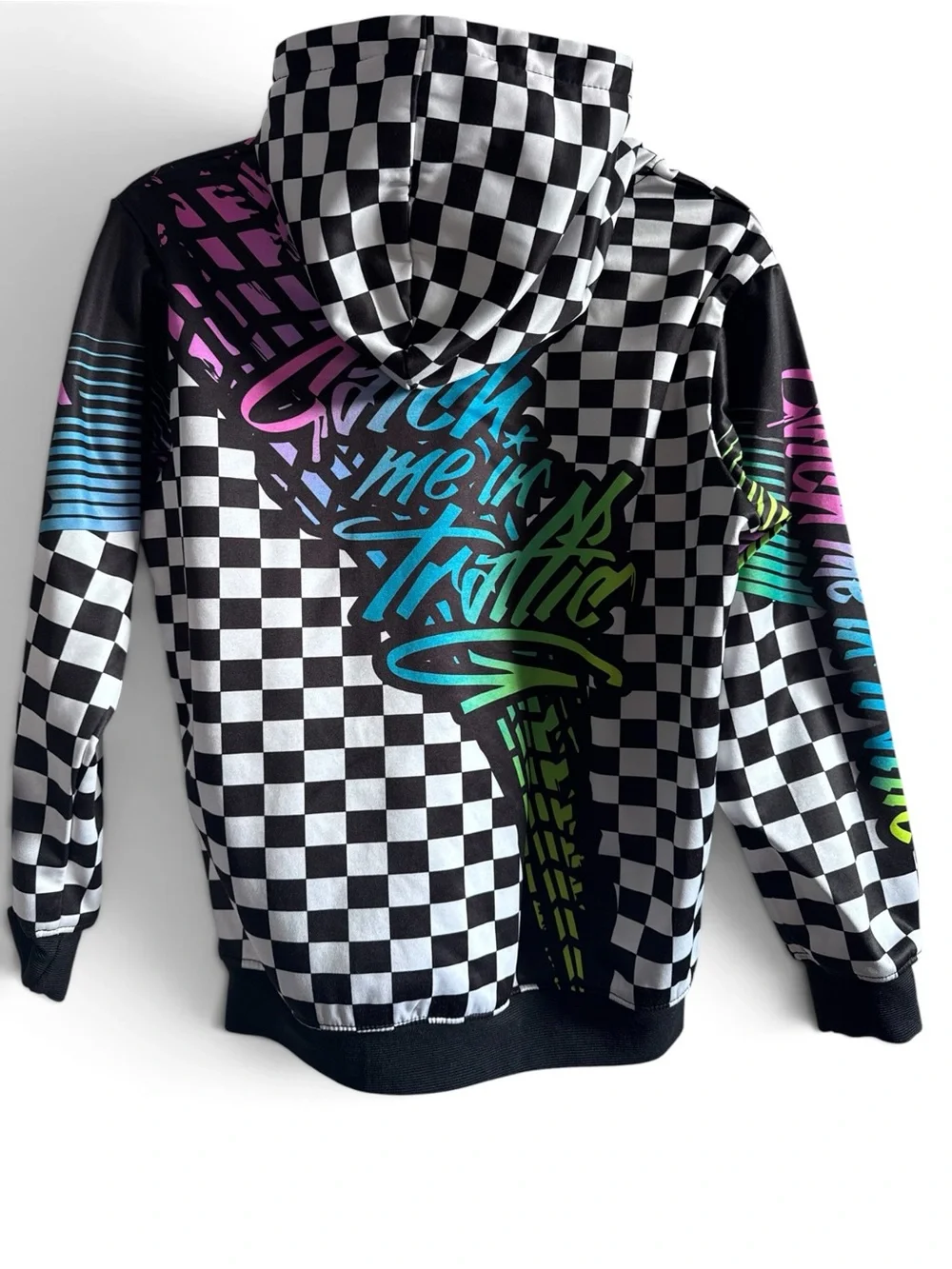 Checkerboard Hooded Sweatshirt with Neon Script CMIT Bike Catch Me in Traffic